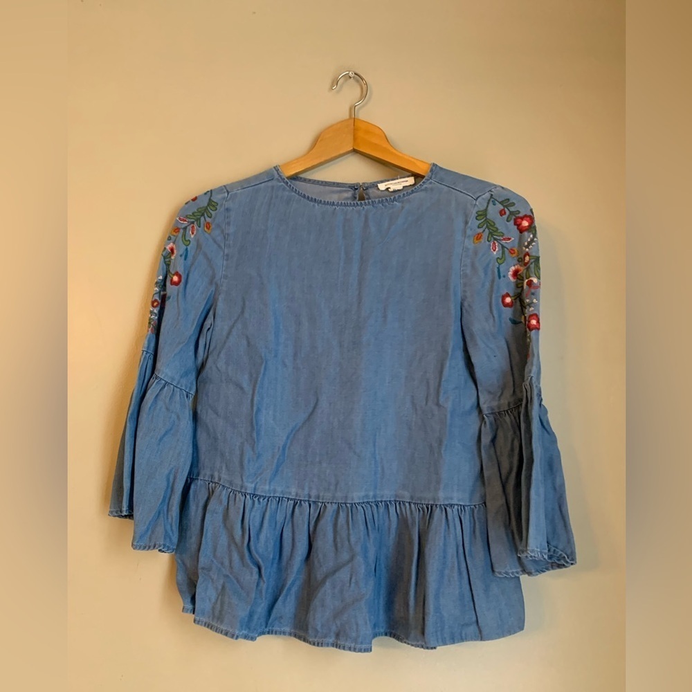 Beach Lunch Lounge Chambray Denim Embroidered Peplum Top Blouse Boho Festival